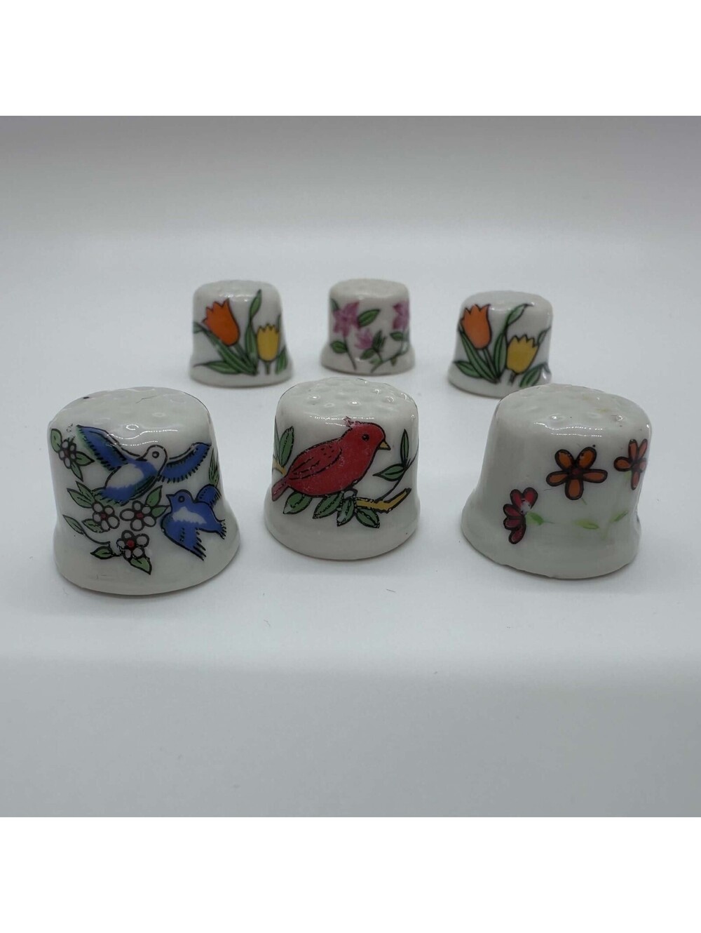 Vintage Miniature Short Porcelain Thimbles Birds Flowers Floral Lot of 6 EUC